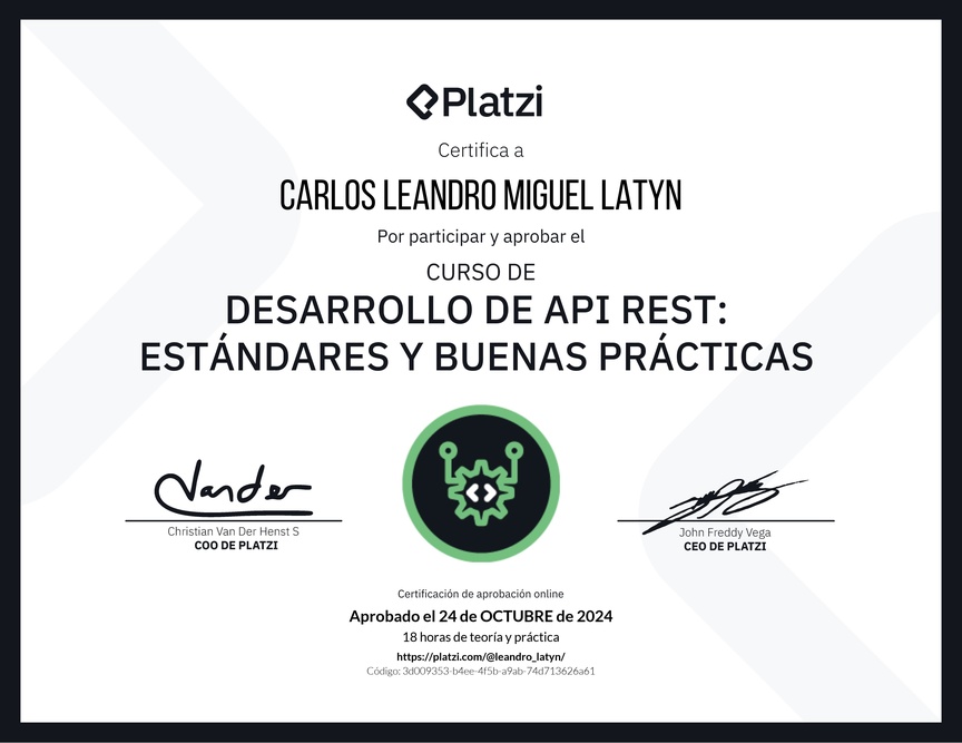 Diploma del Curso de Estándares y  Buenas Prácticas para API REST con Laravel