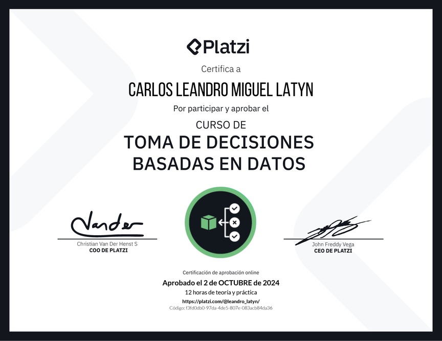 Diploma del Curso de Toma de Decisiones Basadas en Datos