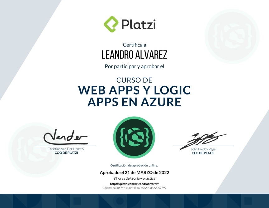 Diploma del Curso de Web Apps y Logic Apps en Azure