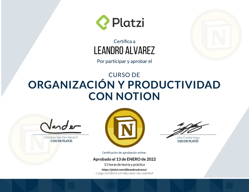 Diploma del Curso de Organización y Productividad con Notion (2021)
