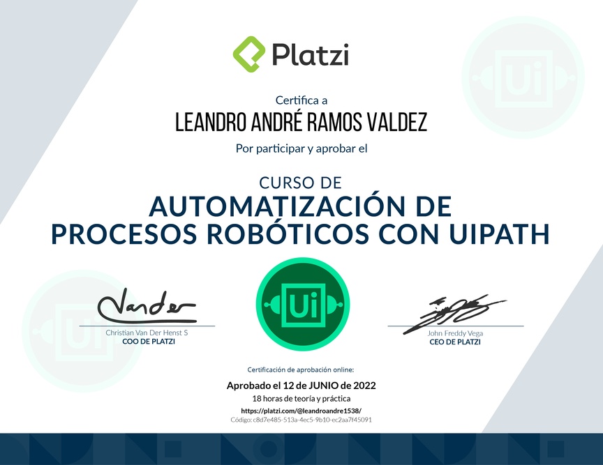 Diploma del Curso de Automatización de Procesos RPA con UiPath