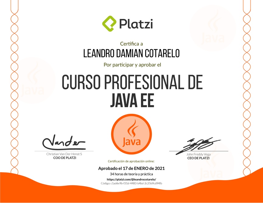Diploma del Curso Profesional de Java EE 2017