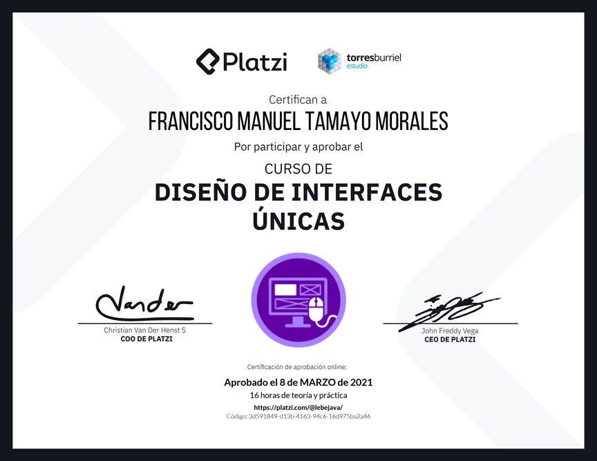 Diploma del Curso de Diseño de Interfaces Únicas