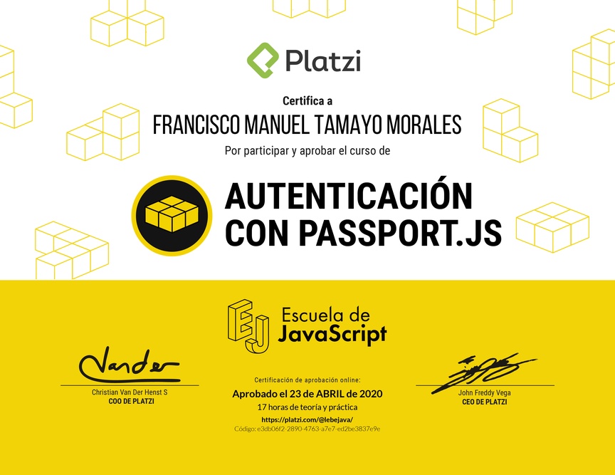 Diploma del Curso de Autenticación con Passport.js 2019