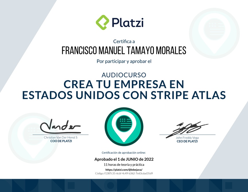 Diploma de Audiocurso de Cómo Crear tu Empresa en Estados Unidos con Stripe Atlas