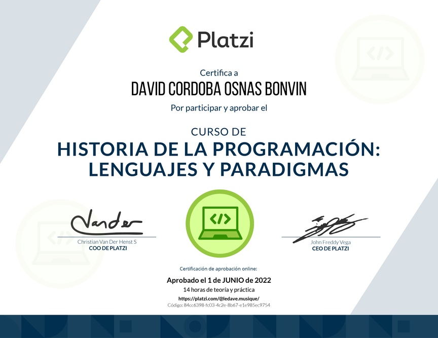 Diploma del Curso de Historia de la Programación: Lenguajes y Paradigmas