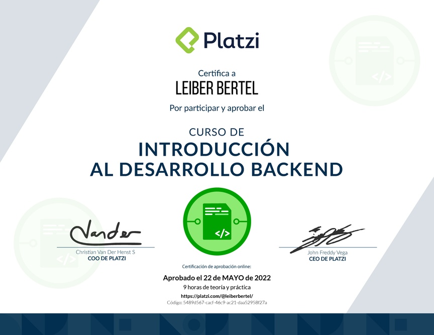 Diploma del Curso de Introducción al Desarrollo Backend
