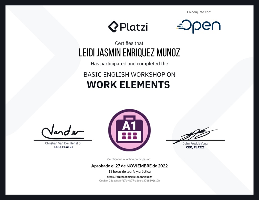 Diploma del Curso de Inglés Práctico sobre Elementos de Trabajo