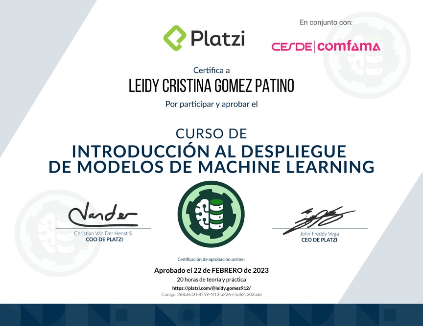 Diploma del Curso de Introducción al Despliegue de Modelos de Machine Learning