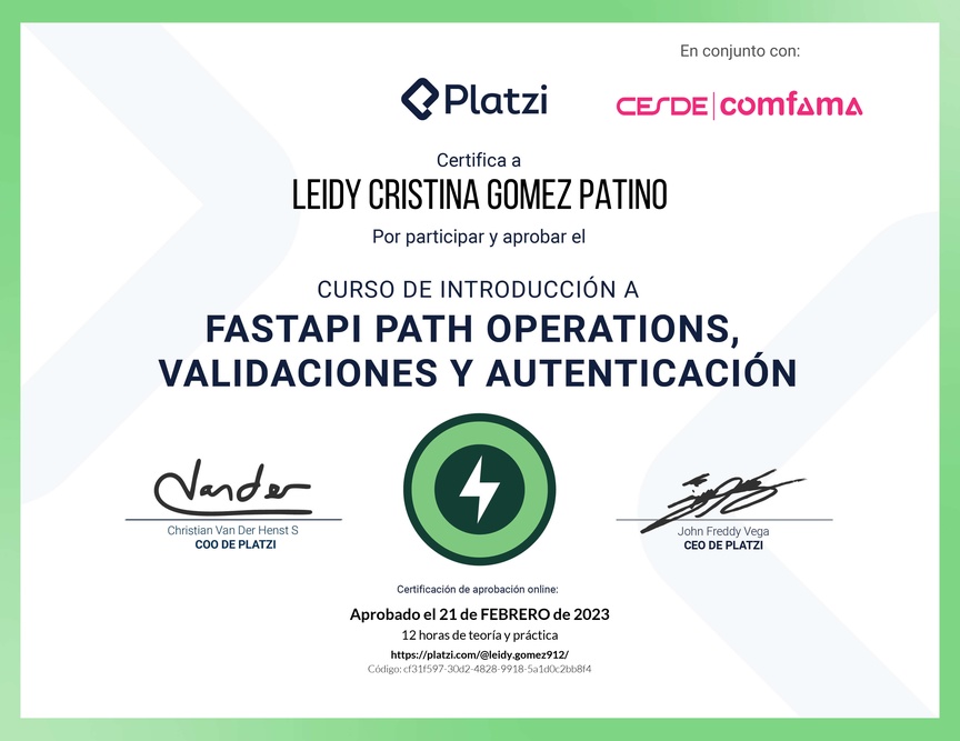 Diploma del Curso de FastAPI: Introducción, Operaciones, Validaciones y Autenticación