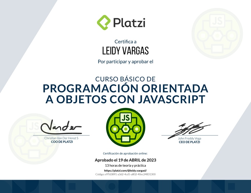 Diploma del Curso Básico de Programación Orientada a Objetos con JavaScript