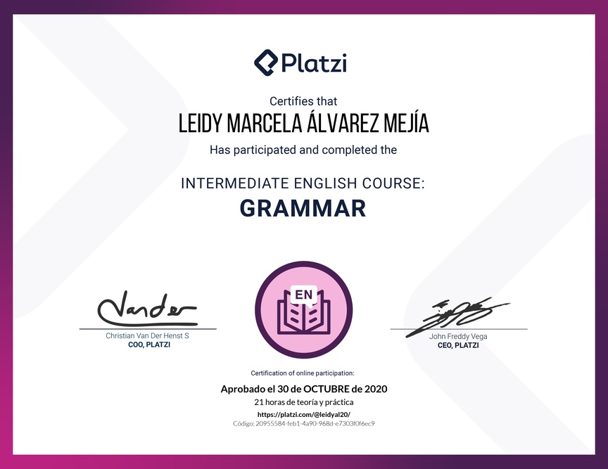 Diploma del Curso Intermedio de Gramática en Inglés (2020)