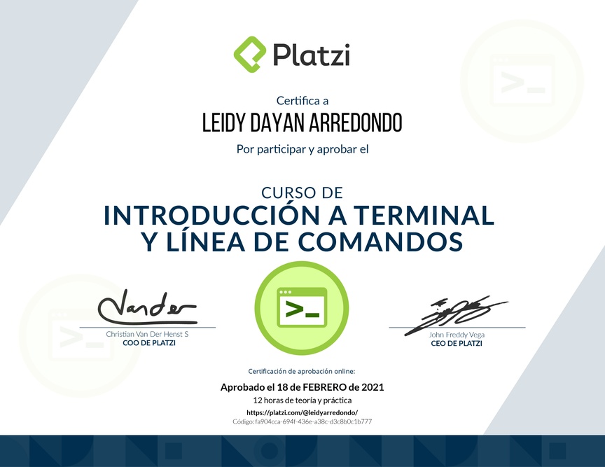 Diploma del Curso de Introducción a la Terminal y Línea de Comandos 2019