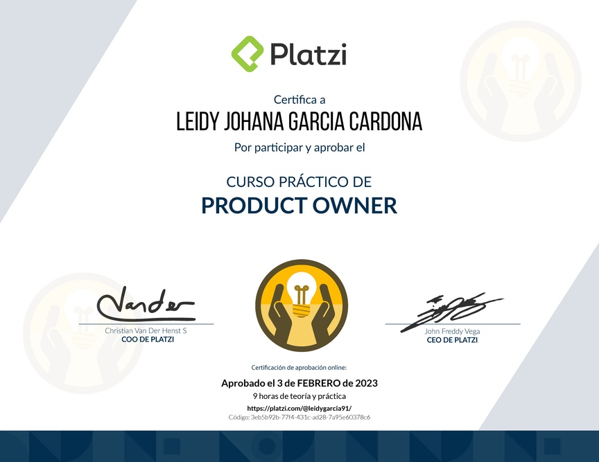 Diploma del Curso de Herramientas y Frameworks Intermedias para Product Owners
