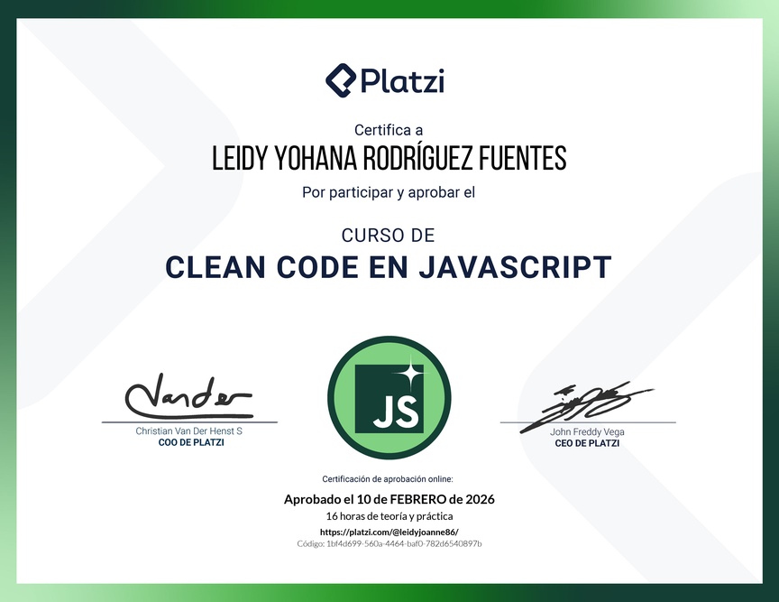 Diploma del Curso de Clean Code y Buenas Prácticas con JavaScript