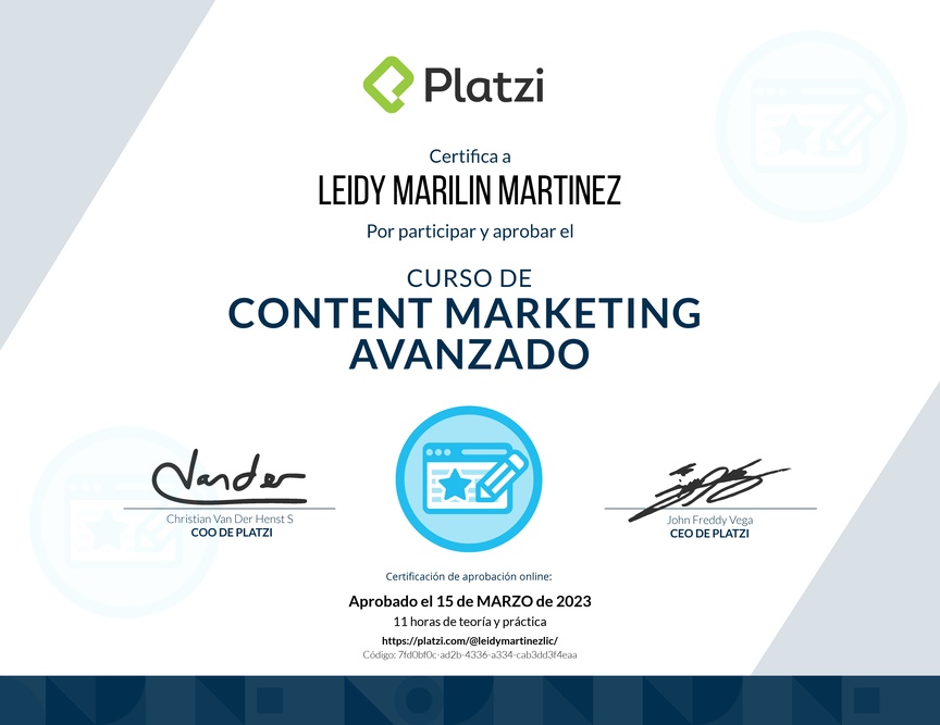 Diploma del Curso de Desarrollo de Estrategias de Content Marketing