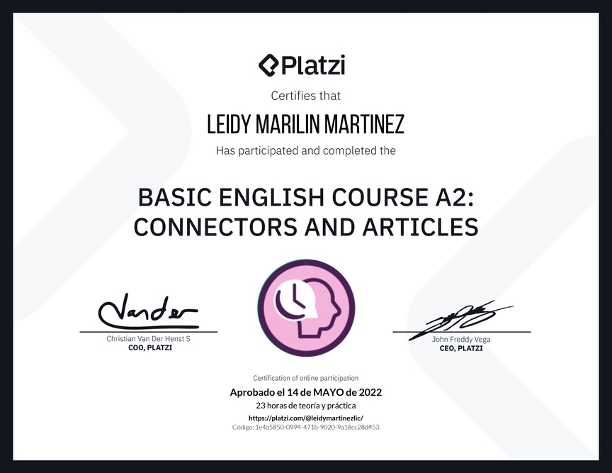 Diploma del Curso de Inglés Básico A2: Conectores y Artículos