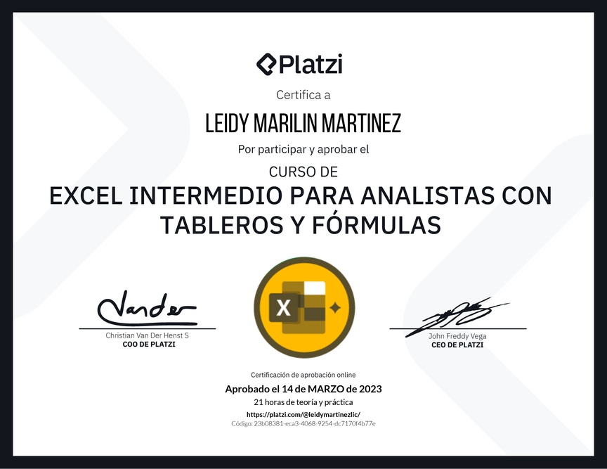 Diploma del Curso de Excel Intermedio para Analistas con Tableros y Fórmulas