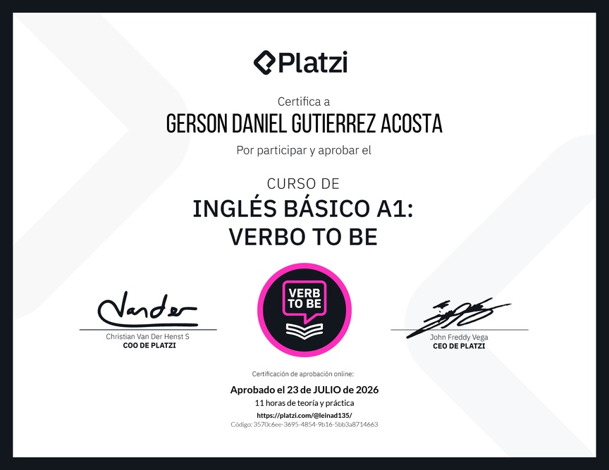 Diploma del Curso de Inglés Básico A1: Verbo To Be