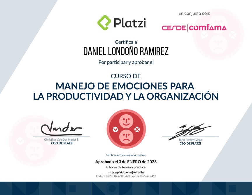 Diploma del Curso de Manejo de Emociones para la Productividad y la Organización
