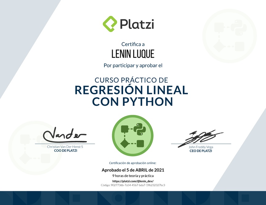Diploma del Curso Práctico de Regresión Lineal con Python