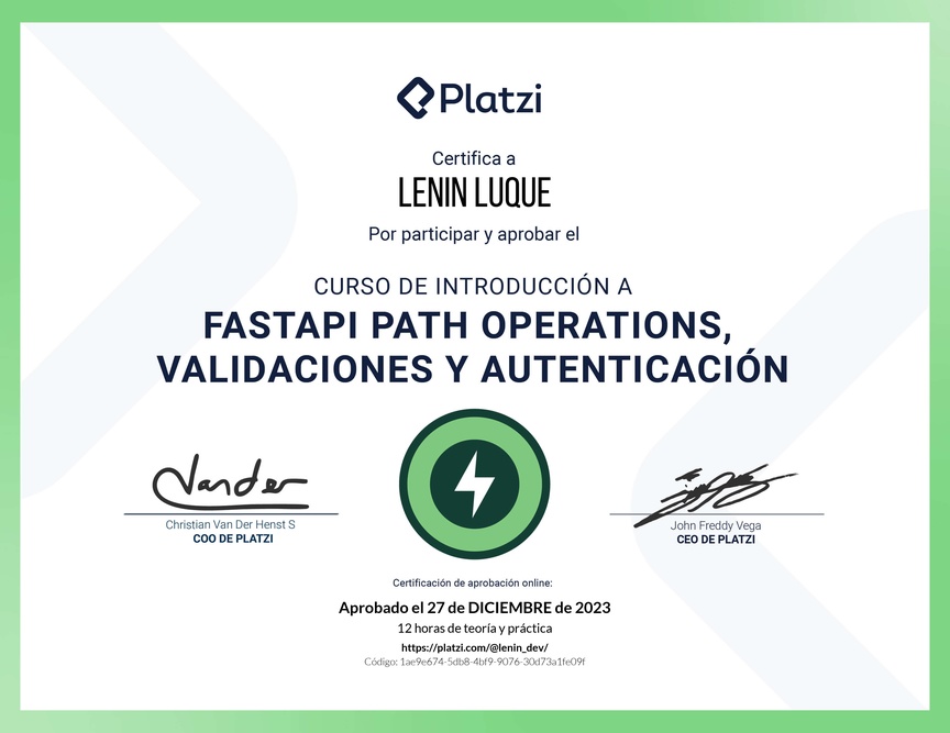 Diploma del Curso de FastAPI: Introducción, Operaciones, Validaciones y Autenticación