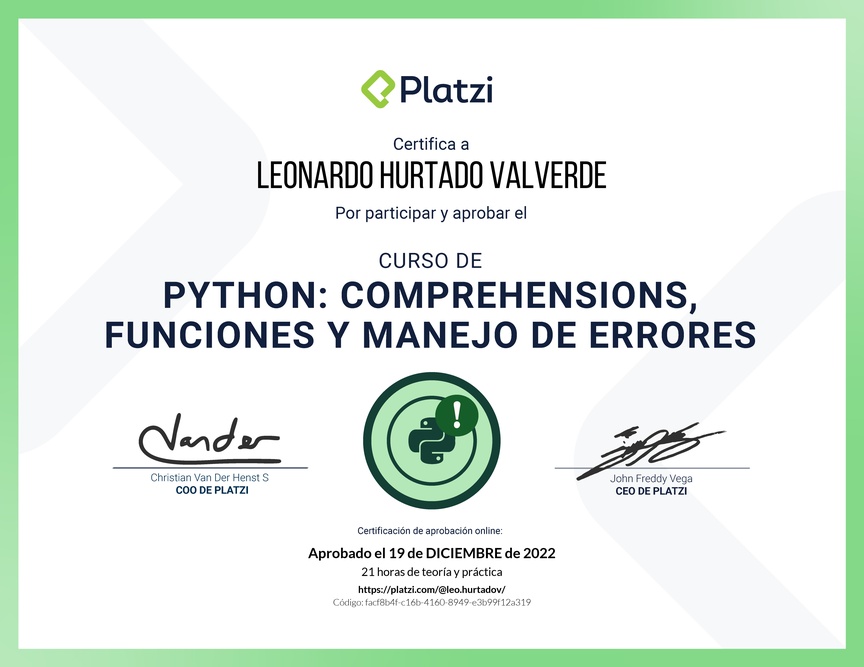Diploma del Curso de Python: Comprehensions, Funciones y Manejo de Errores