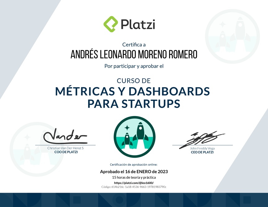 Diploma del Curso de Métricas y Dashboards para Startups