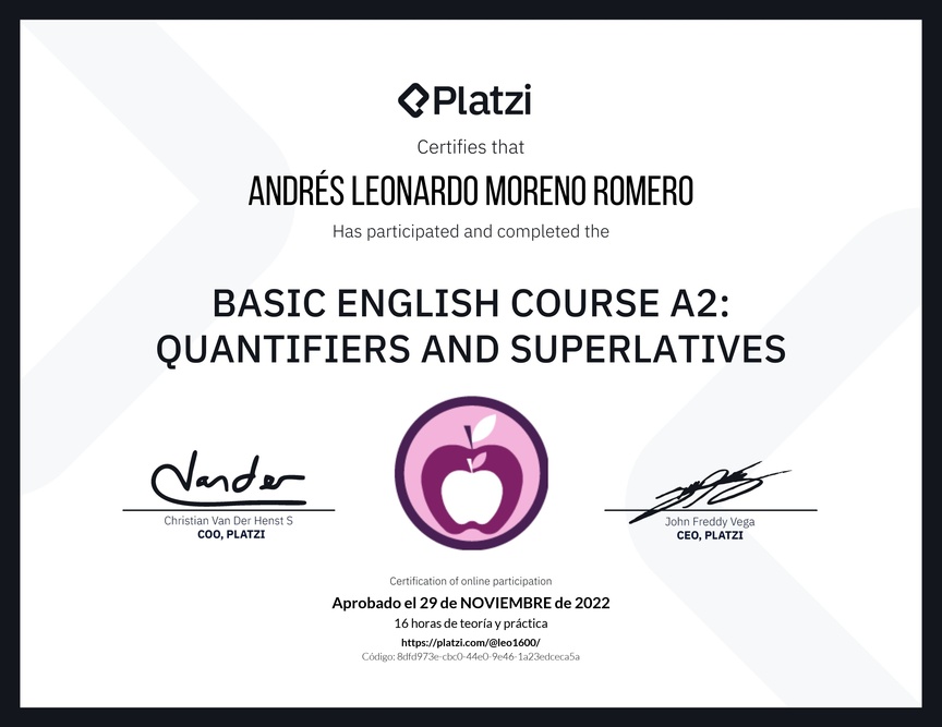 Diploma del Curso de Inglés Básico A2: Cuantificadores y Superlativos