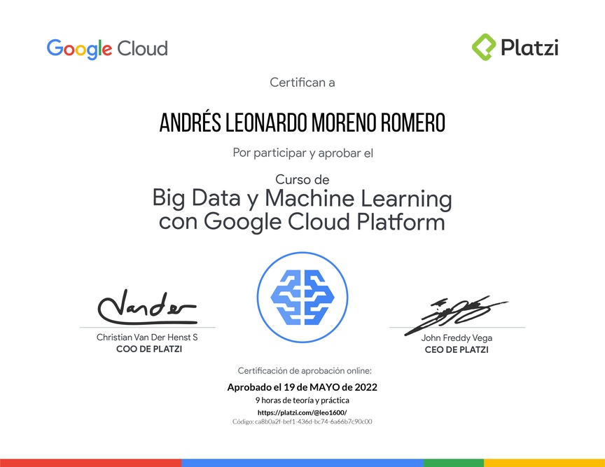 Diploma del Curso de Big Data y Machine Learning con Google Cloud Platform