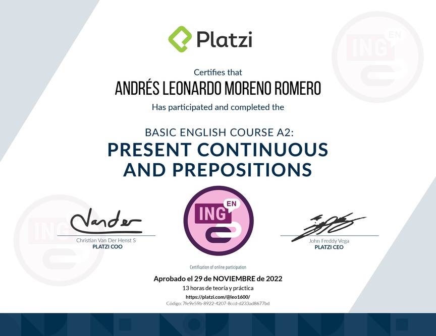Diploma del Curso de Inglés Básico A2: Preposiciones y Presente Continuo (2021)