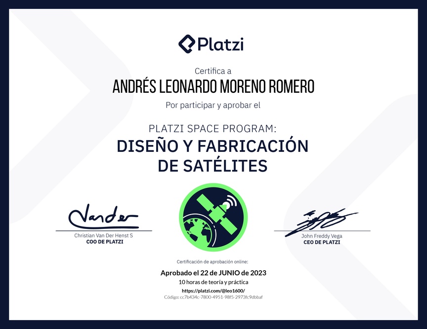 Diploma de Platzi Space Program: Diseño y Fabricación de Nuestro Satélite