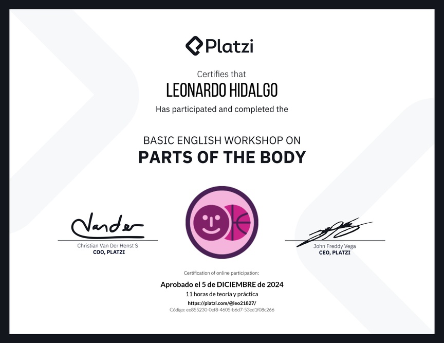 Diploma del Curso de Inglés Práctico sobre las Partes del Cuerpo