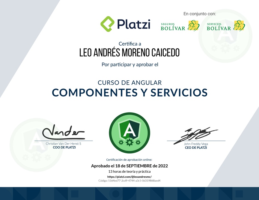 Diploma del Curso de Angular: Componentes y Servicios