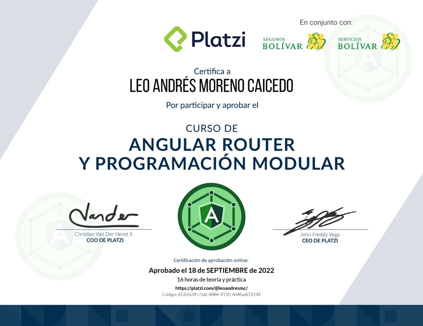Diploma del Curso de Angular Router: Lazy Loading y Programación Modular