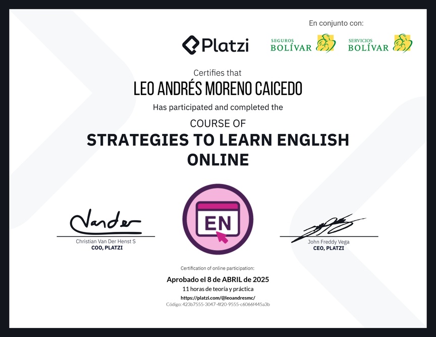 Diploma del Curso Gratis de Estrategias para Aprender Inglés en Línea