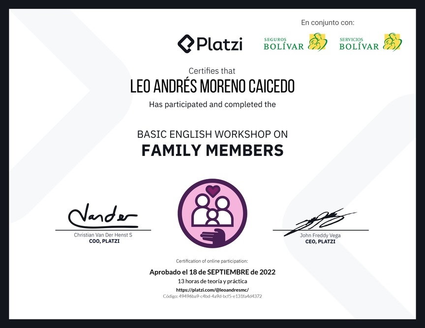 Diploma del Curso de Inglés Práctico sobre los Miembros de la Familia
