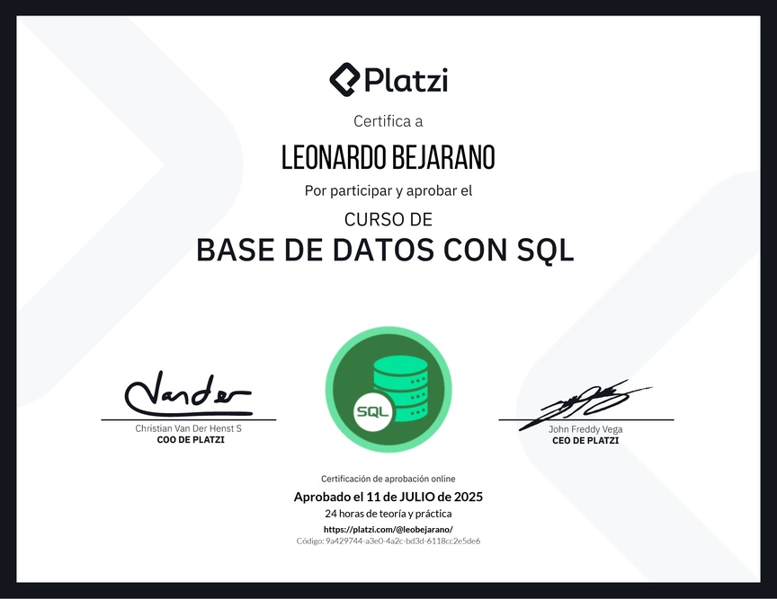 Diploma del Curso de Bases de Datos con SQL