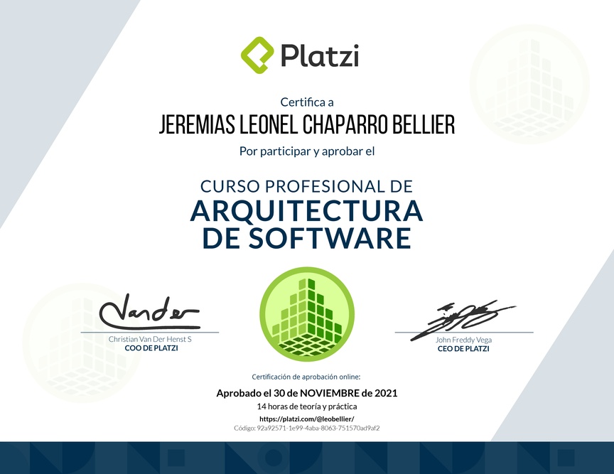 Diploma del Curso Profesional de Arquitectura de Software