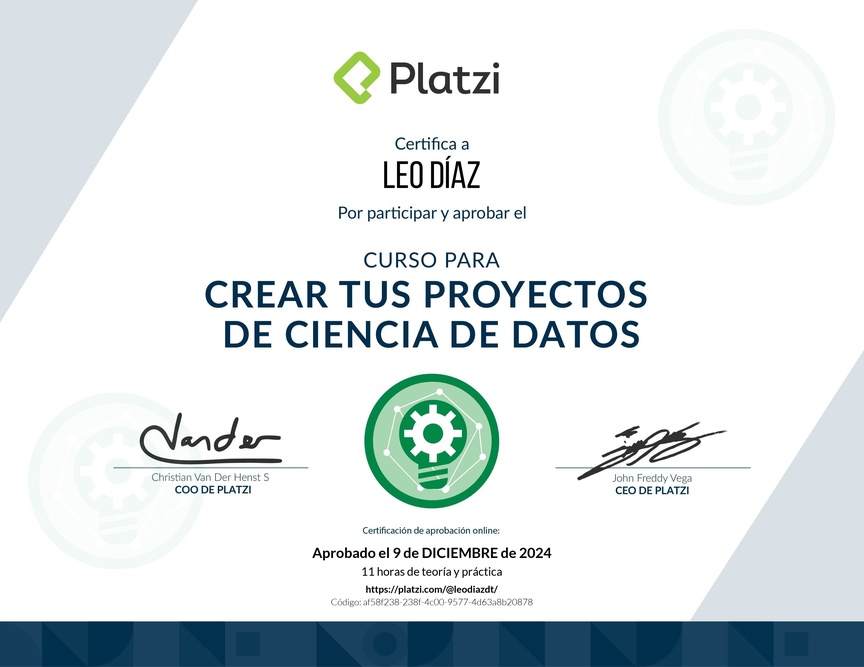 Diploma del Curso para Crear tus Proyectos de Ciencia de Datos
