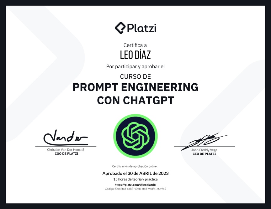 Diploma del Curso de Prompt Engineering con ChatGPT