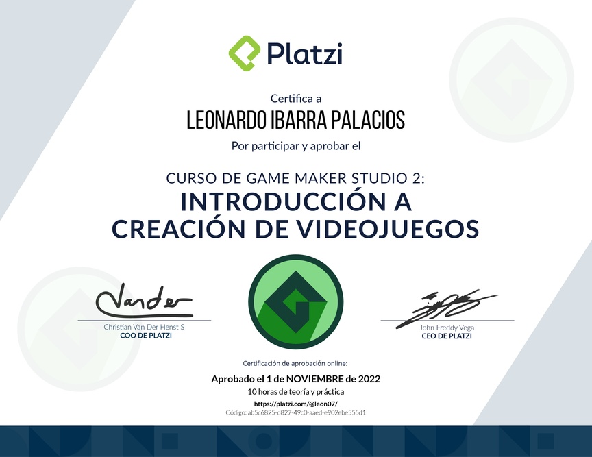 Diploma del Curso de Game Maker Studio 2: Introducción a Creación de Videojuegos