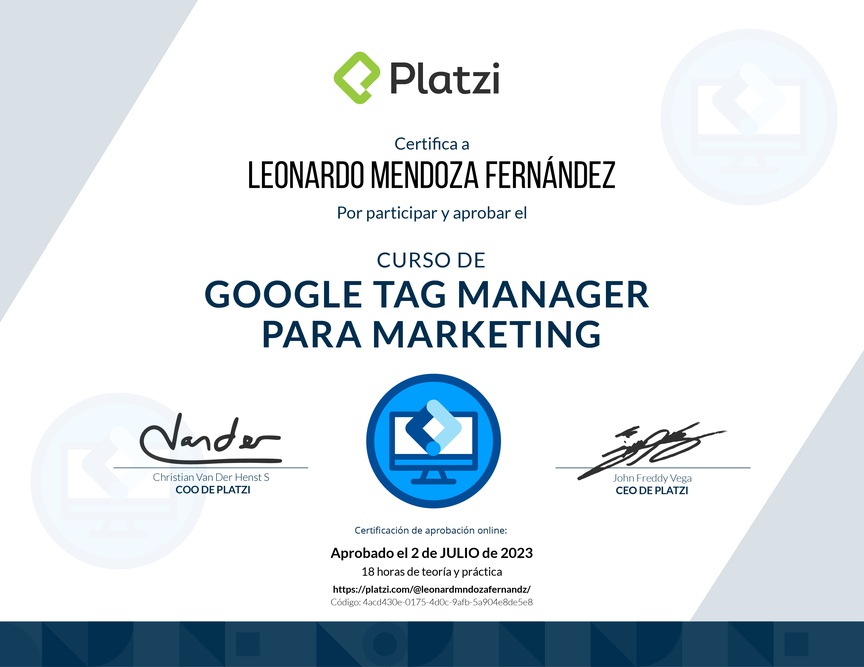 Diploma del Curso de Google Tag Manager para Marketing