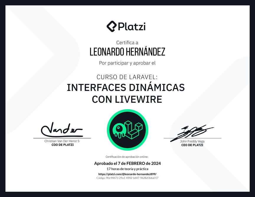 Diploma del Curso de Interfaces Dinámicas con Laravel Livewire