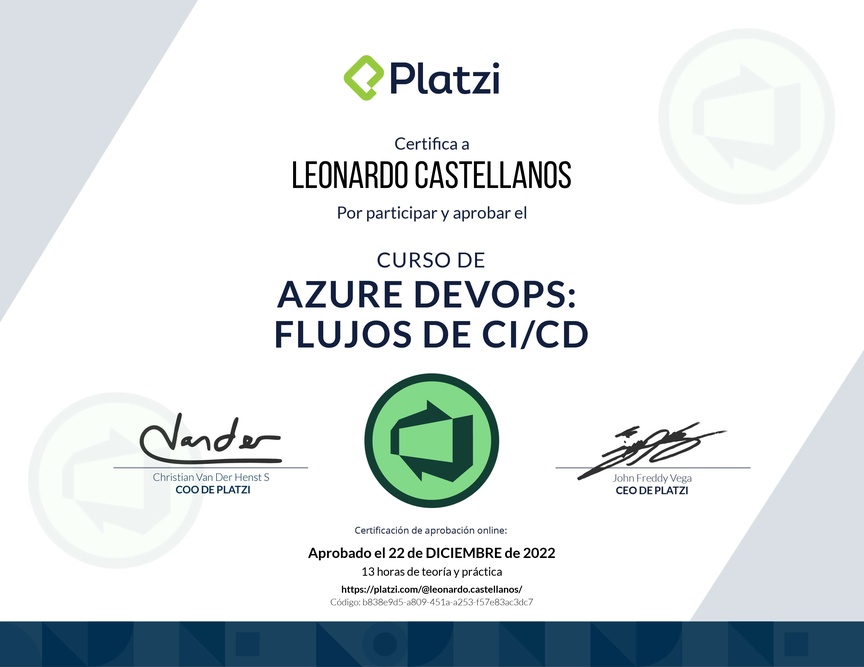 Diploma del Curso de Azure DevOps: Flujos de CI/CD