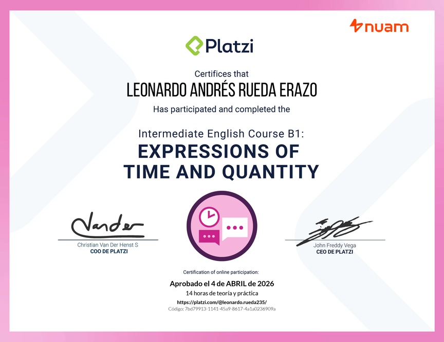 Diploma del Curso de Inglés Intermedio B1: Expresiones de Tiempo y Cantidad