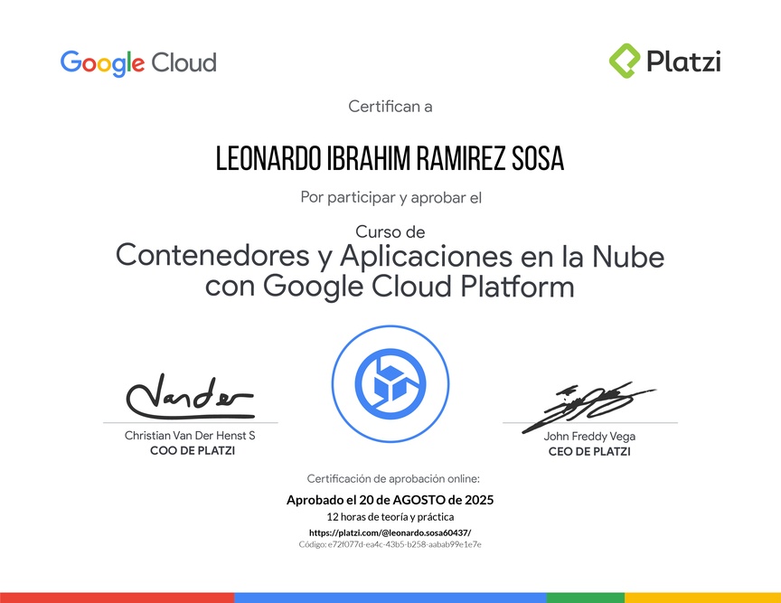 Diploma del Curso de Contenedores y Aplicaciones en la Nube con Google Cloud Platform