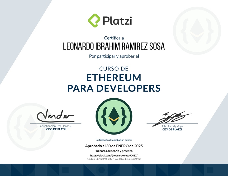 Diploma del Curso de Ethereum para Developers