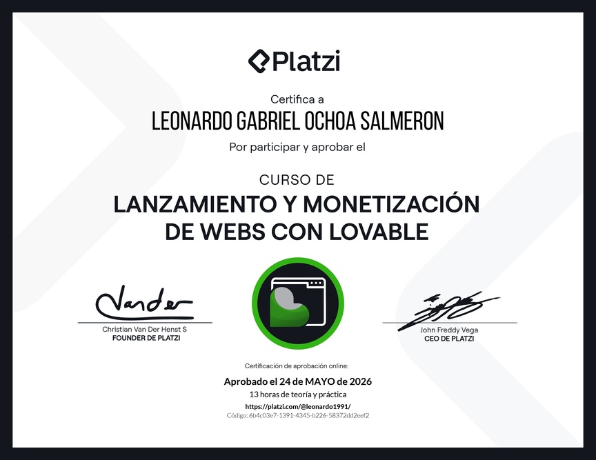 Diploma del Curso de Lanzamiento y Monetización de Webs con Lovable
