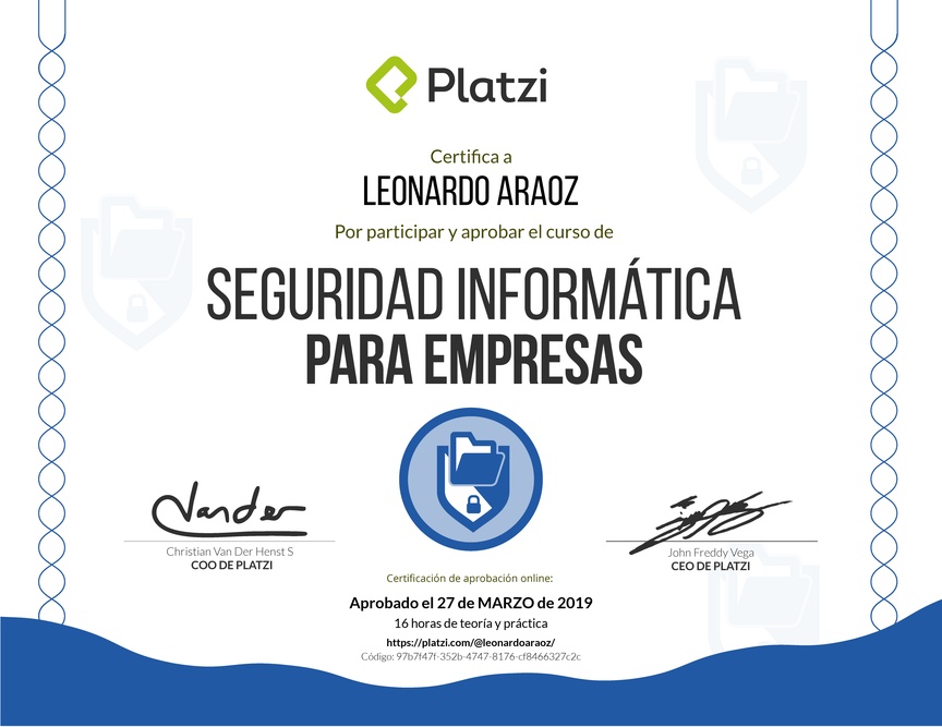 Diploma del Curso de Seguridad Informática para Empresas 2018